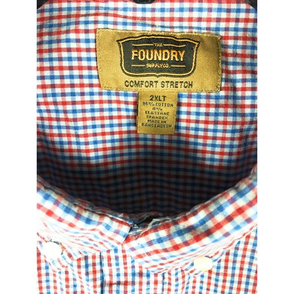 Foundry Men's 2XLT Short Sleeve Button Up Red Blue Check Cotton Blend Shirt A21 - Picture 2 of 4